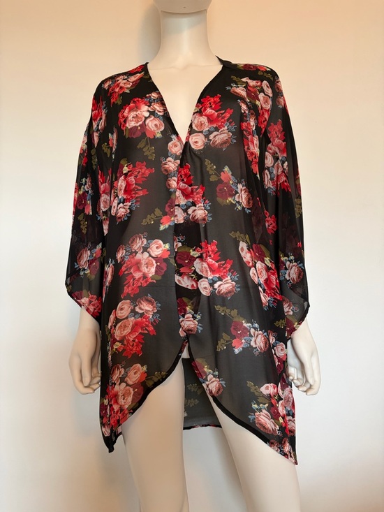 No Brand Tops - #658 Women's Floral Sheer Kimono Cardigan - Black with Red & Pink Roses